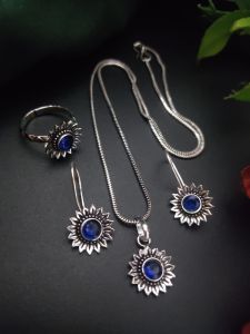 Silver Replica Flower ROYAL BLUE COLOUR) Chain Set with matching Earrings And Hand Ring