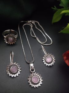 Silver Replica Flower (pink) Chain Set with matching Earrings And Hand Ring