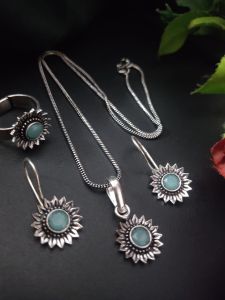 Silver Replica Flower ROYAL BLUE COLOUR) Chain Set with matching Earrings And Hand Ring