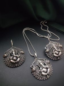 Silver Replica Ganesha Chain Set with matching Earrings
