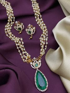 5 Layer Pearl Chain Necklace with Matt Gold Cz Pendant ( green)