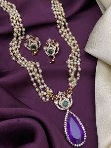 5 Layer Pearl Chain Necklace with Matt Gold Cz Pendant ( green)