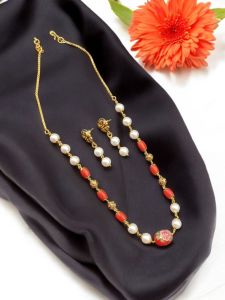 Taiwan Coral And Swarovski Replica Pearl Necklace With Antique Gold Spacers