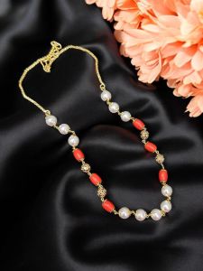 Taiwan Coral And Swarovski Replica Pearl Necklace With Antique Gold Spacers