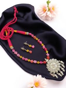 Agate Beads Double Colour (Pink with yellow) Cotton Doris Necklace