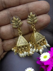 Antique Flower Stud With Gold Jhumka And Rice Pearls