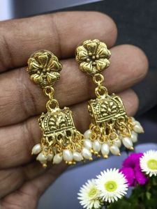 Antique Flower Stud With Gold Jhumka And Rice Pearls