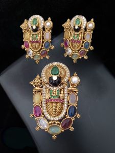 Matt Gold Finish Perumal (Tirupati Balaji) Pendant With Earrings, multi colour