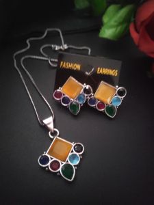Silver Replica Multi Colour Chain Set with matching Earrings 