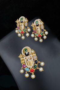 Matt Gold Finish Perumal (Tirupati Balaji) Pendant With Earrings,Navaratna stone