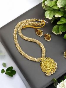 Glass Pearl Loreal With Peacock Antique Gold Pendant Necklace