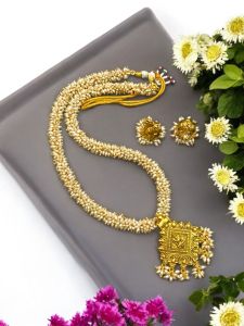 Glass Pearl Loreal With Lakshmi with Peacock Antique Gold Pendant Necklace