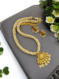 Glass Pearl Loreal With SemiCircle With Flower Antique Gold Pendant Necklace