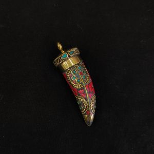 Tibetan Horn-Shaped Pendant with Inlay Work red with sea green