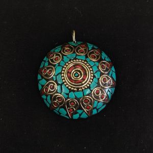 Tibetan Pendant ,round shape, sea green with teardrop design