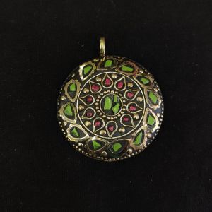 Tibetan Pendant ,round shape,leaf design olive green