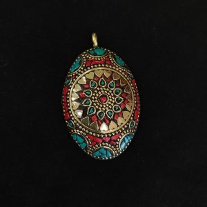 Tibetan Pendant ,oval shape, red &sea green with gold designs
