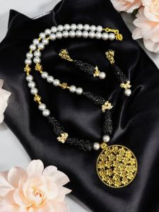 Oxidised Gold Pendant With Swarovski Replica Grey Pearls With Synthetic Coral Carving Black Beads