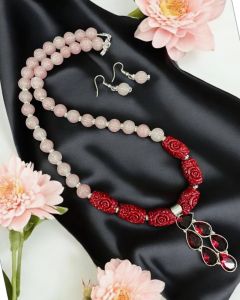 Glass Pumpkin Beads With Synthetic Coral Flowers And A Fancy Hydro Pendant 