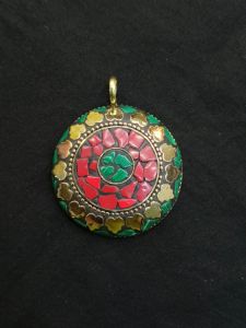 Tibetan oval Shaped Pendant red with gold