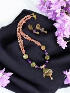 Gemstone pendant with Rhodonite chips and Unakite Coins Necklace