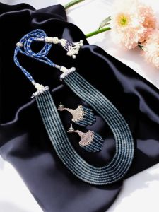 7 Layer Agate Necklace In Dual Blue With Matching Earings 