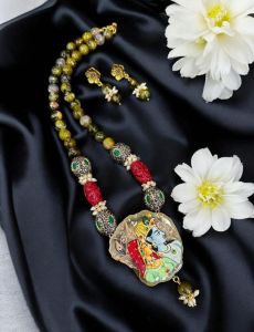Radha krishna Pendant with matching onyx beads and coral beads