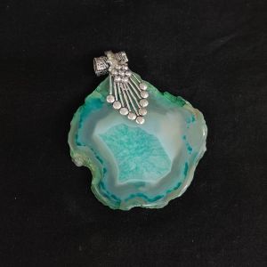 Natural Agate Slice Pendant, Silver Finish sea green with grey