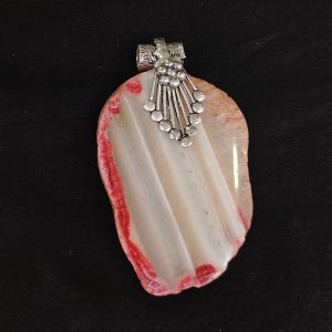 Natural Agate Slice Pendant, Silver Finish peachish white