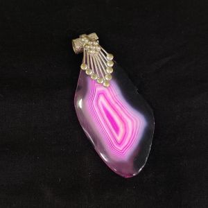Natural Agate Slice Pendant, Silver Finish Dark Pink with two double shades
