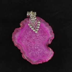Natural Agate Slice Pendant, Silver Finish Dark Pink dual shade