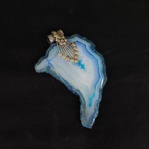 Natural Agate Slice Pendant, Silver Finish sea blue with grey shades