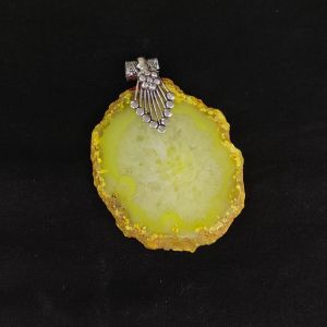 Natural Agate Slice Pendant, Silver Finish Lemon Yellow With white shades