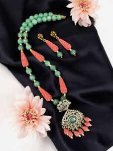 Victorian pendant necklace with agate beads and synthetic coral carved beads