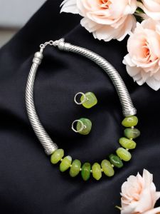 Agate Rondelle With German Silver Trunks Necklace, Flouroscent green