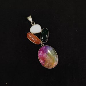 Gemstone Pendants , Silver Finish ,3 Stones,Multicolor