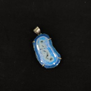 Natural Agate Slice Pendant, Silver Finish Royal Blue with White shades