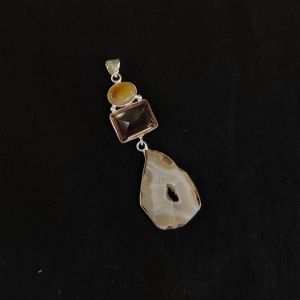 Gemstone Pendants , Silver Finish ,3 Stones, flouroscent green