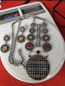 Silver Replica Flower (GREEN) Chain Set with matching Earrings And Hand Ring