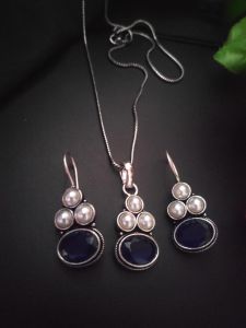  Silver Replica (Navy Blue) Chain Set with matching Earrings