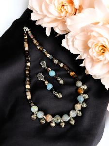 Onyx necklace with Kohlapuri charms : Brown and Blue (Double shade)