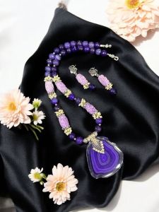 Natural Agate Slice Pendant With Agate Beads lavander