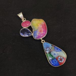 Gemstone Pendants , Silver Finish ,3 Stones,Multicolor