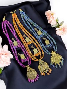 2 Layer Glass Beads Necklace With Oxidised Antique Gold Pendant, Assorted, Pack Of 3 Sets
