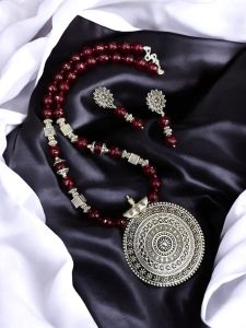 Agate necklace with oxidised silver pendants and spacers,Ruby Pink