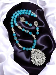 Agate necklace with oxidised silver pendants and spacers,Sky Blue