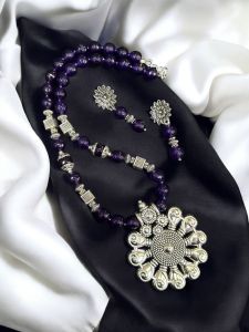 Agate necklace with oxidised silver pendants and spacers,Purple