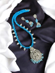 Crystal Necklace With Oxidised Silver Leaf charms and Pendant with Matching Jhumkas,Honey Brown 