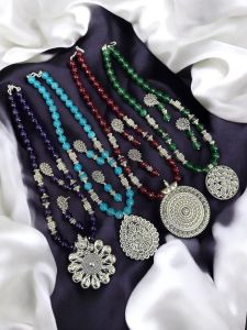 Agate necklace with oxidised silver pendants and spacers,Purple