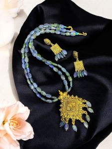 Printed glass beads necklace with oxidised gold pendants, Peacock Blue With Green